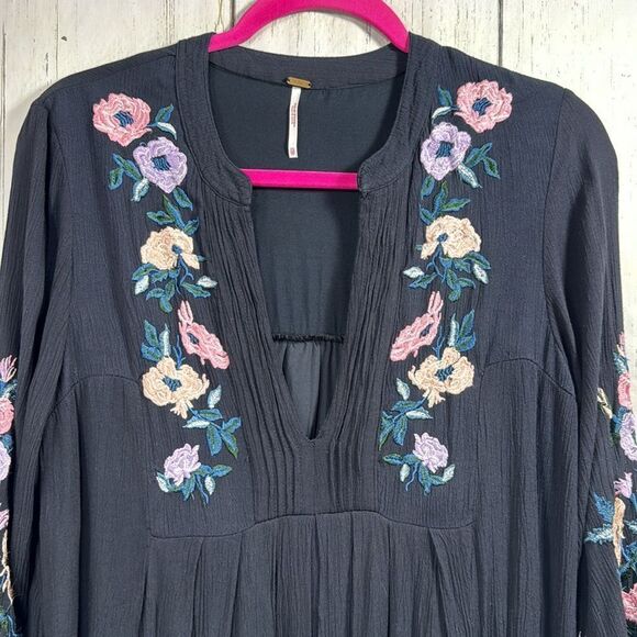 Free People Mia Gauze Floral Embroidered Boho Pockets V Neck Black Mini Dress - Picture 5 of 16